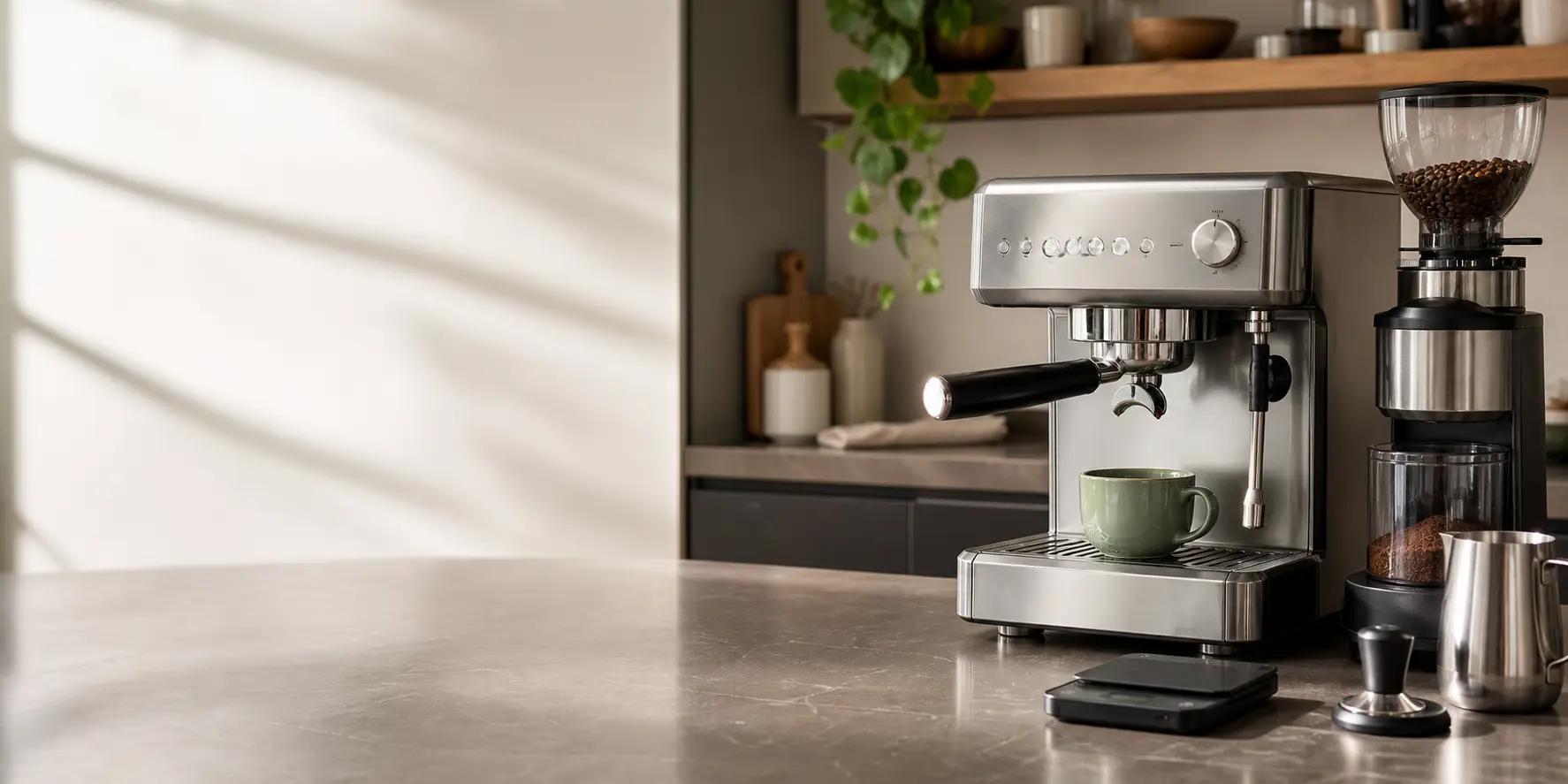 A non-branded home espresso setup on a kitchen counter